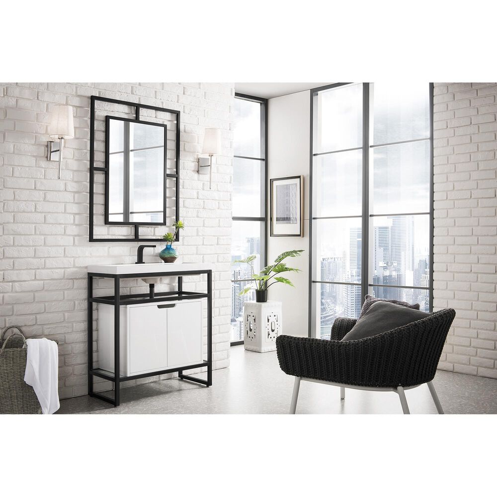James Martin Vanities Boston 31.5&quot; Single White Door Bathroom Vanity in Matte Black with 3 cm White Glossy Resin Countertop and Rectangular Sink, , large