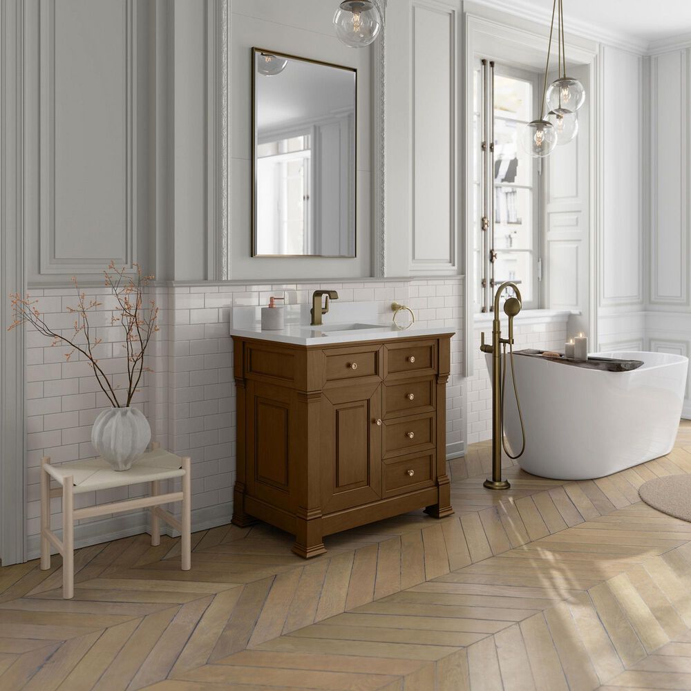 James Martin Vanities Brookfield 36&quot; Single Bathroom Vanity in Honey Oak with Single Hole 3 cm White Zeus Quartz Top and Rectangular Sink, , large
