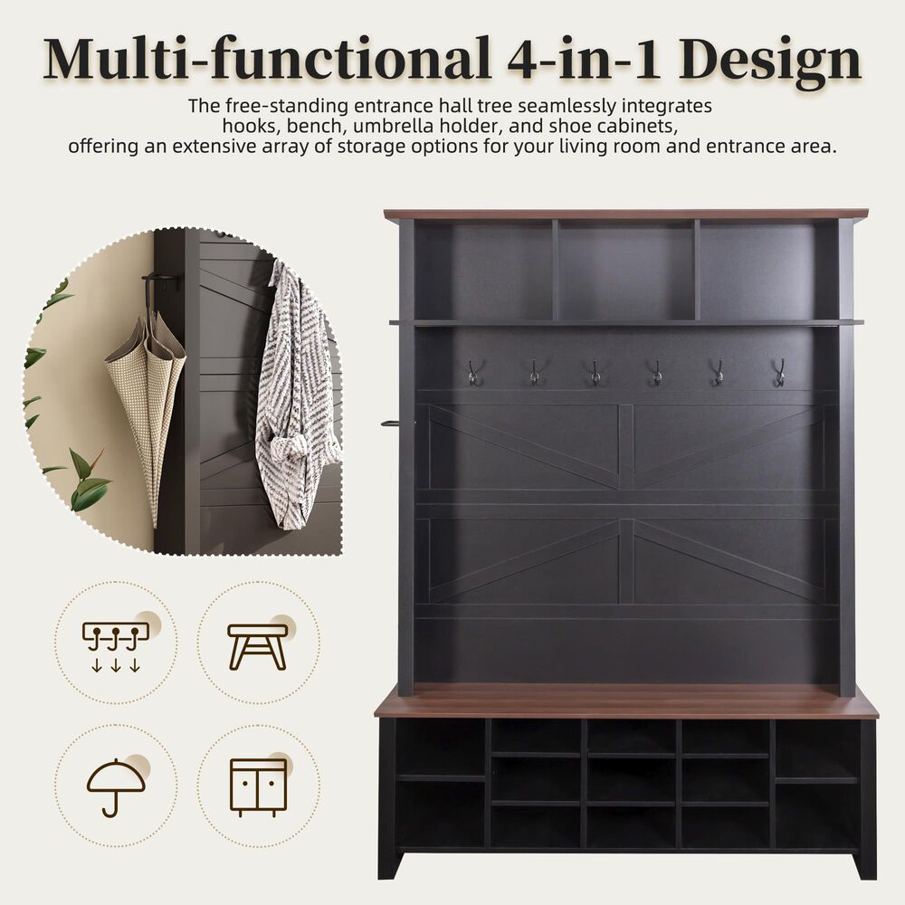 HOMLUX 6-Hook Hall Tree with 16-Compartment in Black and Walnut, , large
