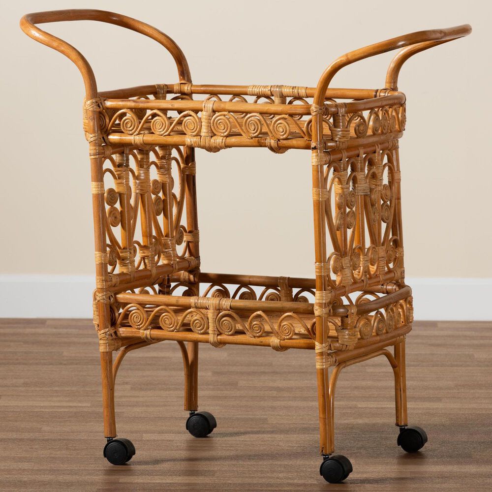 Baxton Studio Diwata 2-Tier Rattan Kitchen Cart in Natural Brown, , large