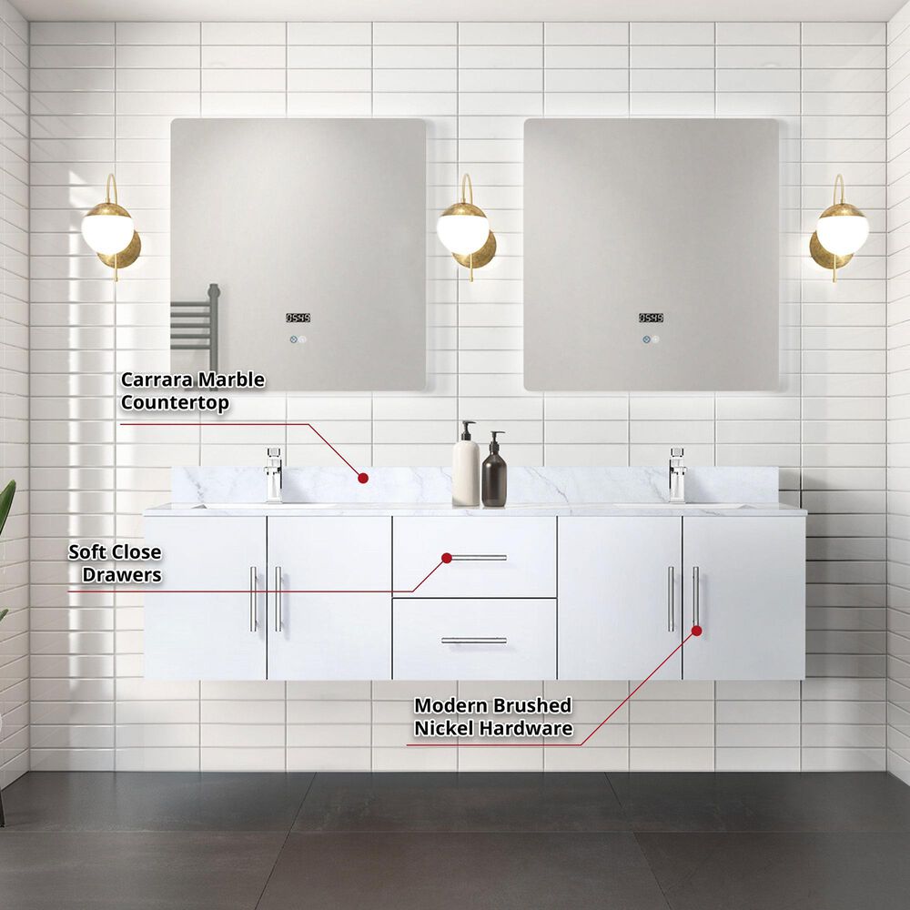 Lexora Home Geneva 72&quot; Double Bathroom Vanity in Glossy White with 2 cm White Carrara Marble Top and Rectangular Sinks, , large