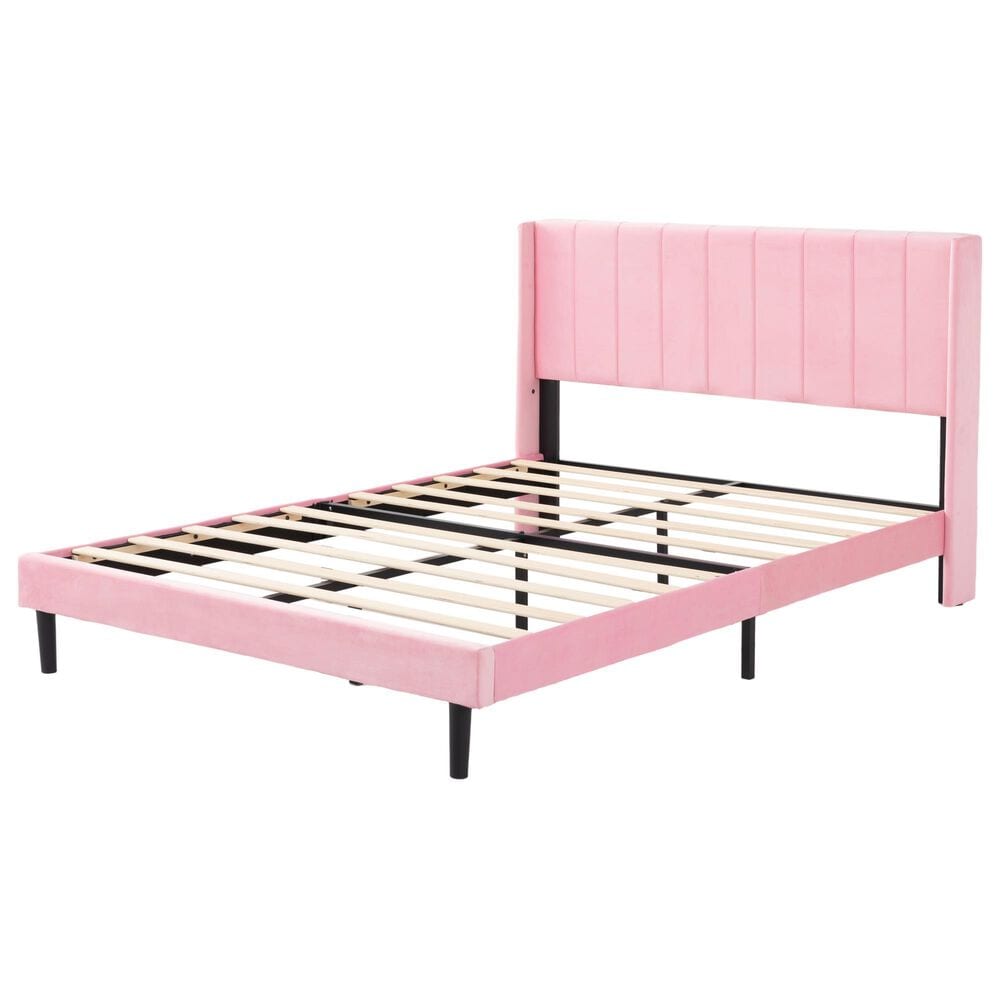 HOMLUX Queen Upholstered Platform Bed Frame with Velvet Headboard in Pink, , large