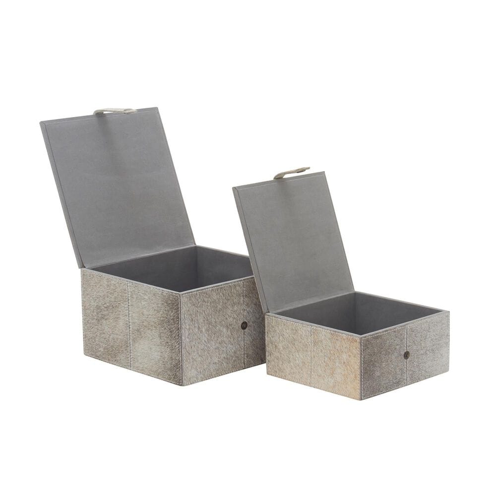 Maple and Jade 2-Piece Handmade Cowhide Decorative Box Set with Snap Front Closure in Gray, , large