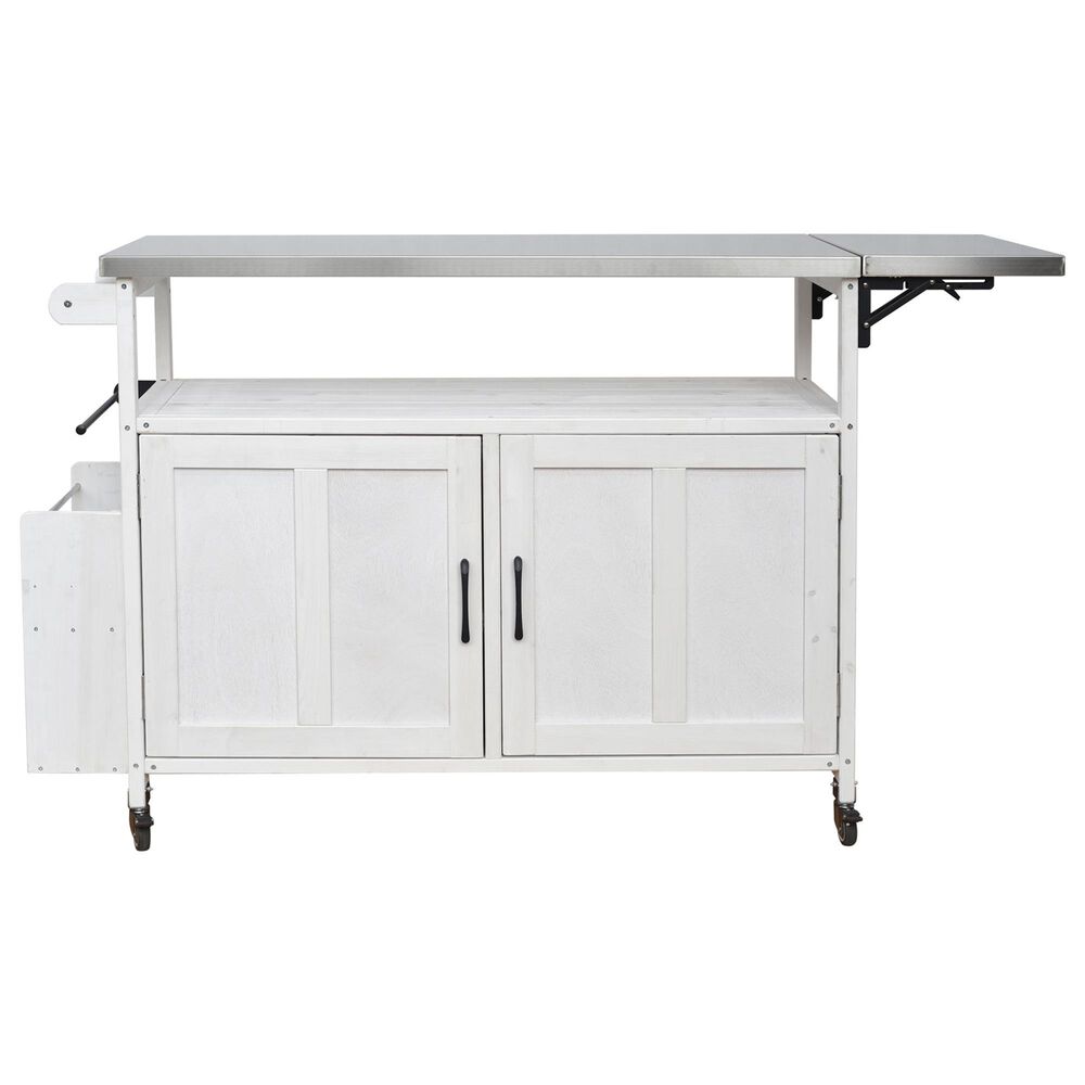 Hearth and Haven Outdoor Kitchen Island Cart with Adjustable Shelves and Stainless Steel Top in White, , large
