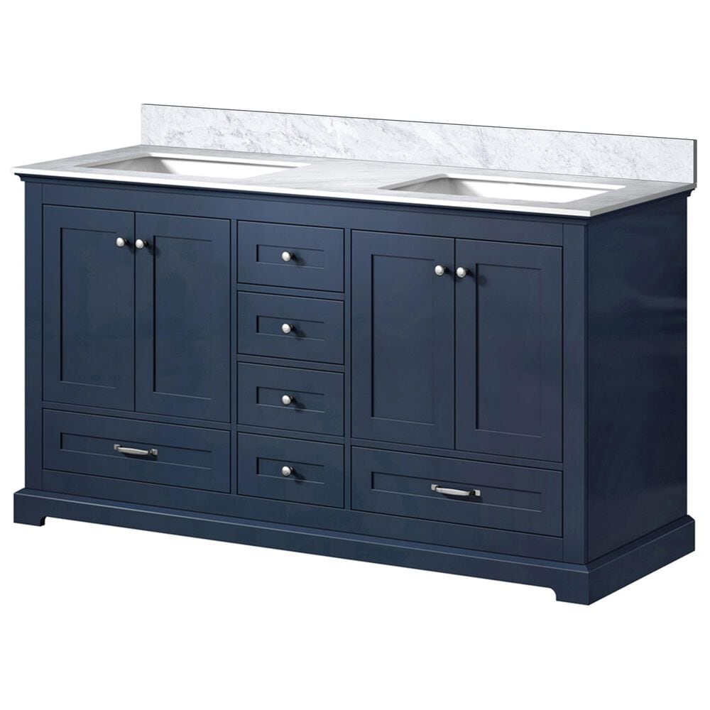 Lexora Home Dukes 60" Double Bathroom Vanity in Navy Blue with 2 cm White Carrara Marble Top and Rectangular Sinks, , large
