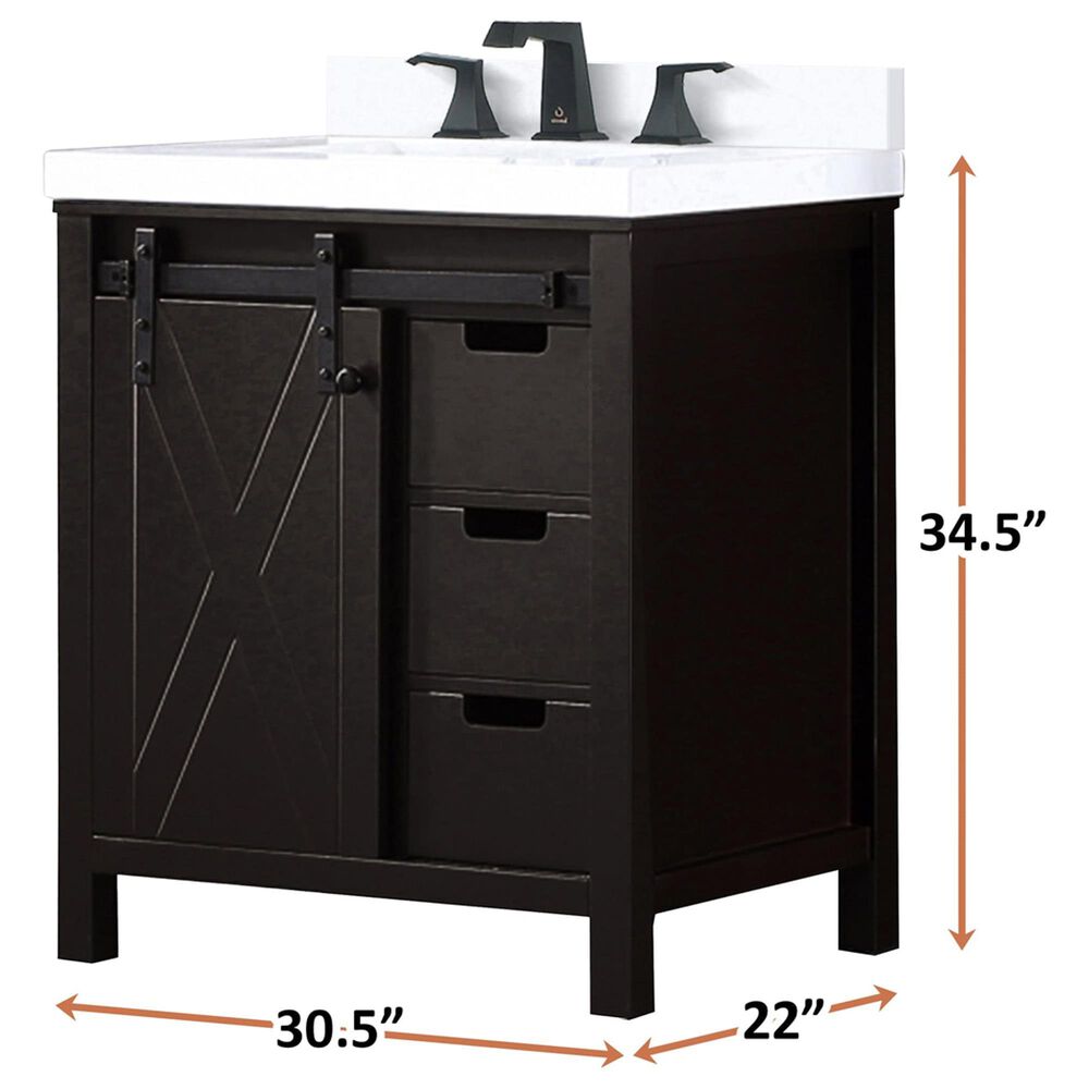 Lexora Home Marsyas 30&quot; Single Bathroom Vanity in Brown with 2 cm White Cultured Marble Top and Rectangular Sink, , large