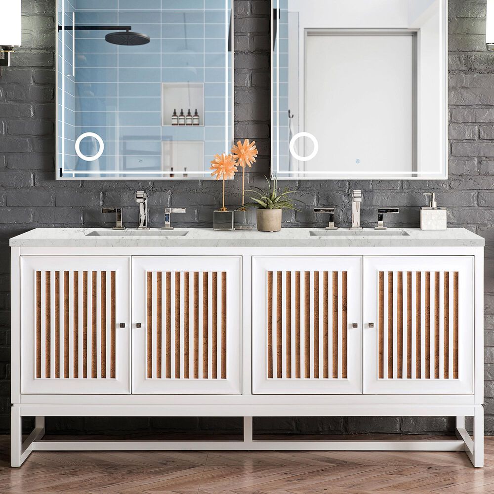 James Martin Vanities Athens 72&quot; Double Bathroom Vanity in Glossy White with 3 cm Eternal Jasmine Pearl Quartz Top and Rectangular Sinks, , large