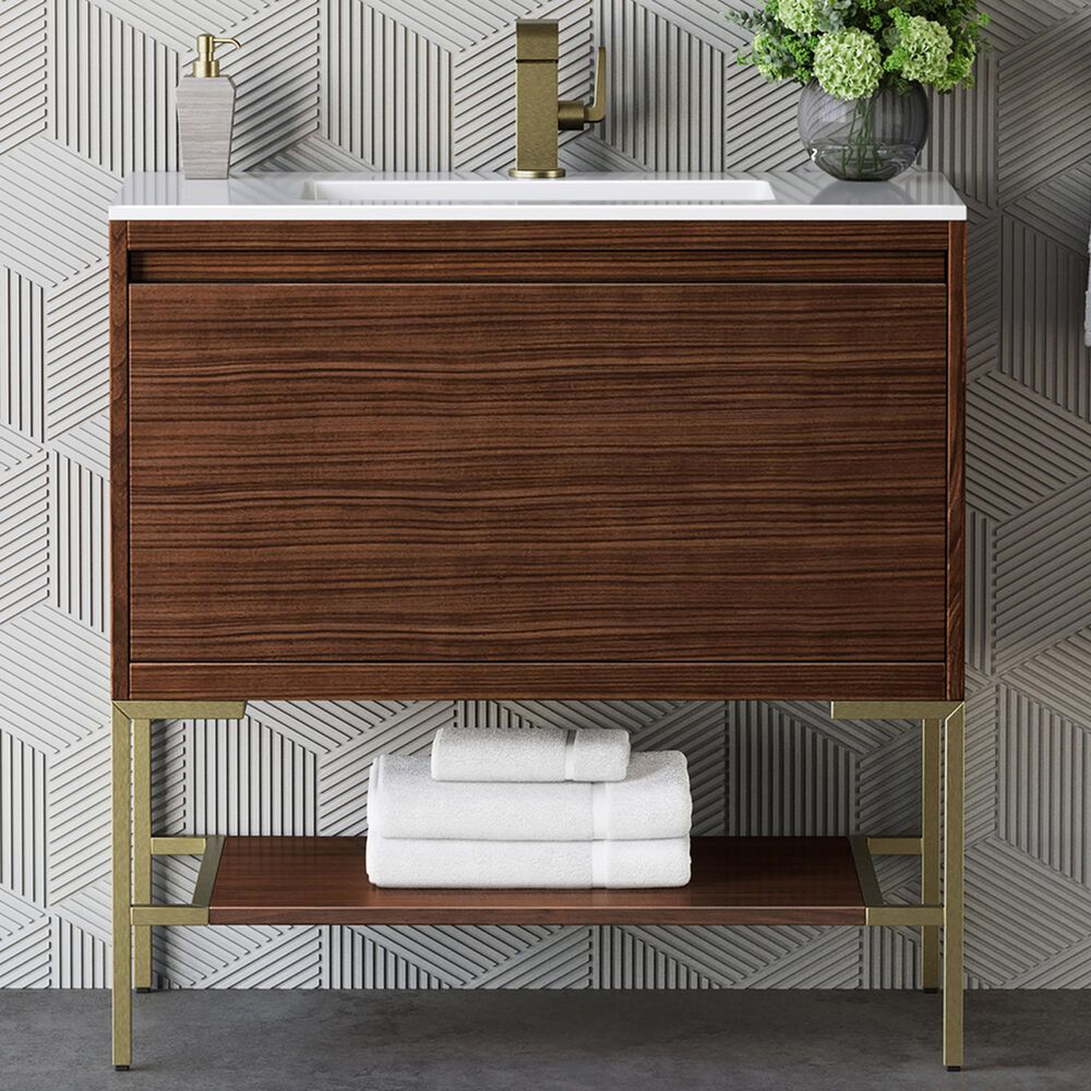 James Martin Vanities Mantova 35.4&quot; Single Vanity in Mid-Century Walnut and Champagne Brass with 3 cm Glossy White Composite Stone Top and Rectangular Sink, , large