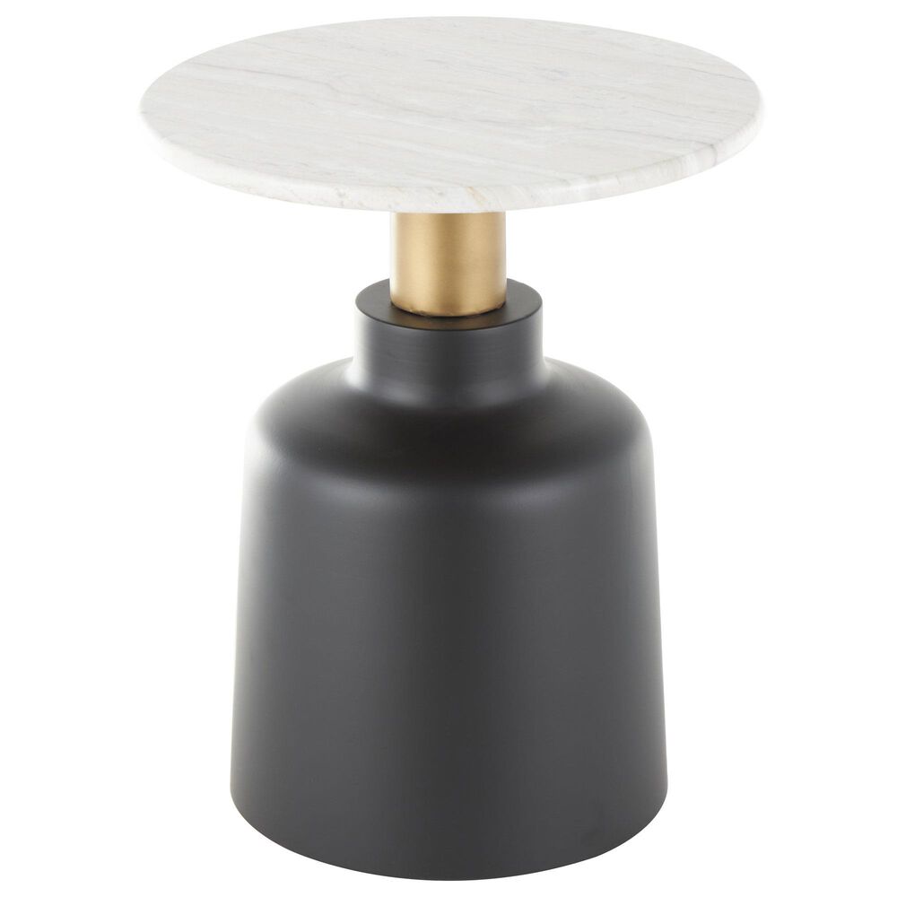 Maple and Jade Pedestal End Table with Faux Marble Top in Matte Black, White and Gold, , large