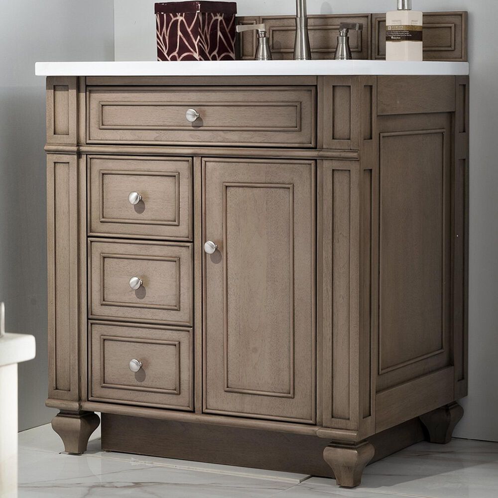 James Martin Vanities Bristol 30" Single Bathroom Vanity in White Washed Walnut with 3 cm White Zeus Quartz Top and Rectangular Sink, , large