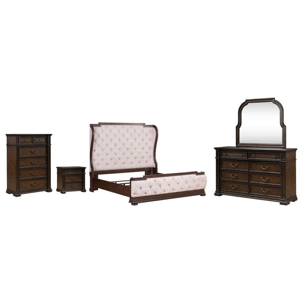 Belle Furnishings Provence Park 5-Piece King Upholstered Shelter Bedroom Set in Chateau Brown, , large