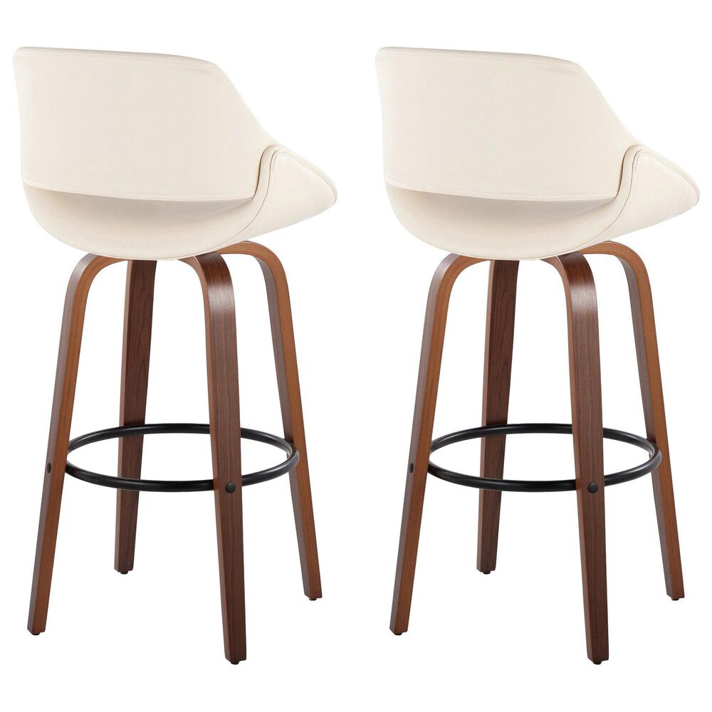 LumiSource Fabrico 30" Swivel Fixed-Height Bar Stool with Cream Faux Leather Upholstery in Black and Walnut (Set of 2), , large