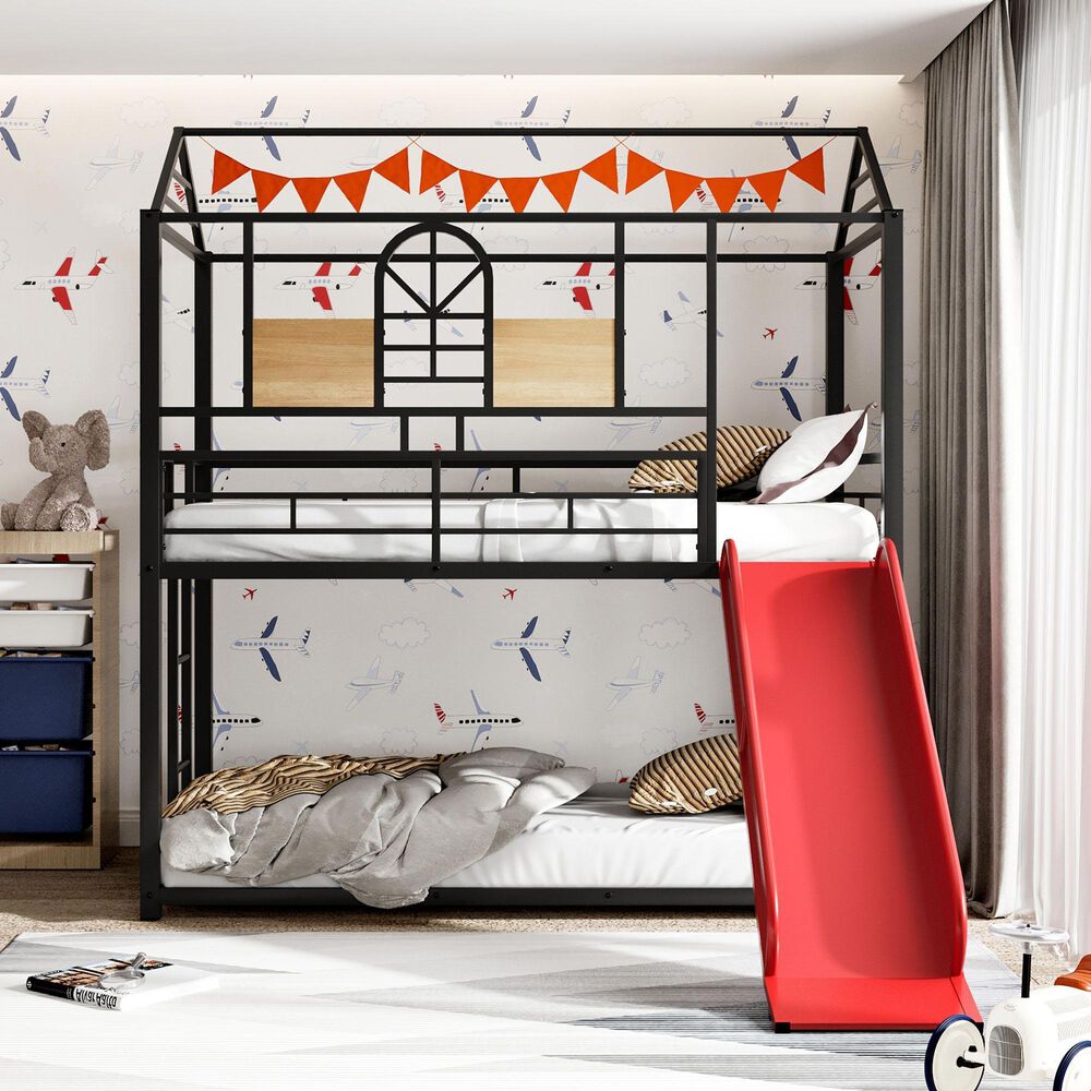 Hearth and Haven Twin over Twin House Bunk Bed with Built-in Slide in Black and Red, , large
