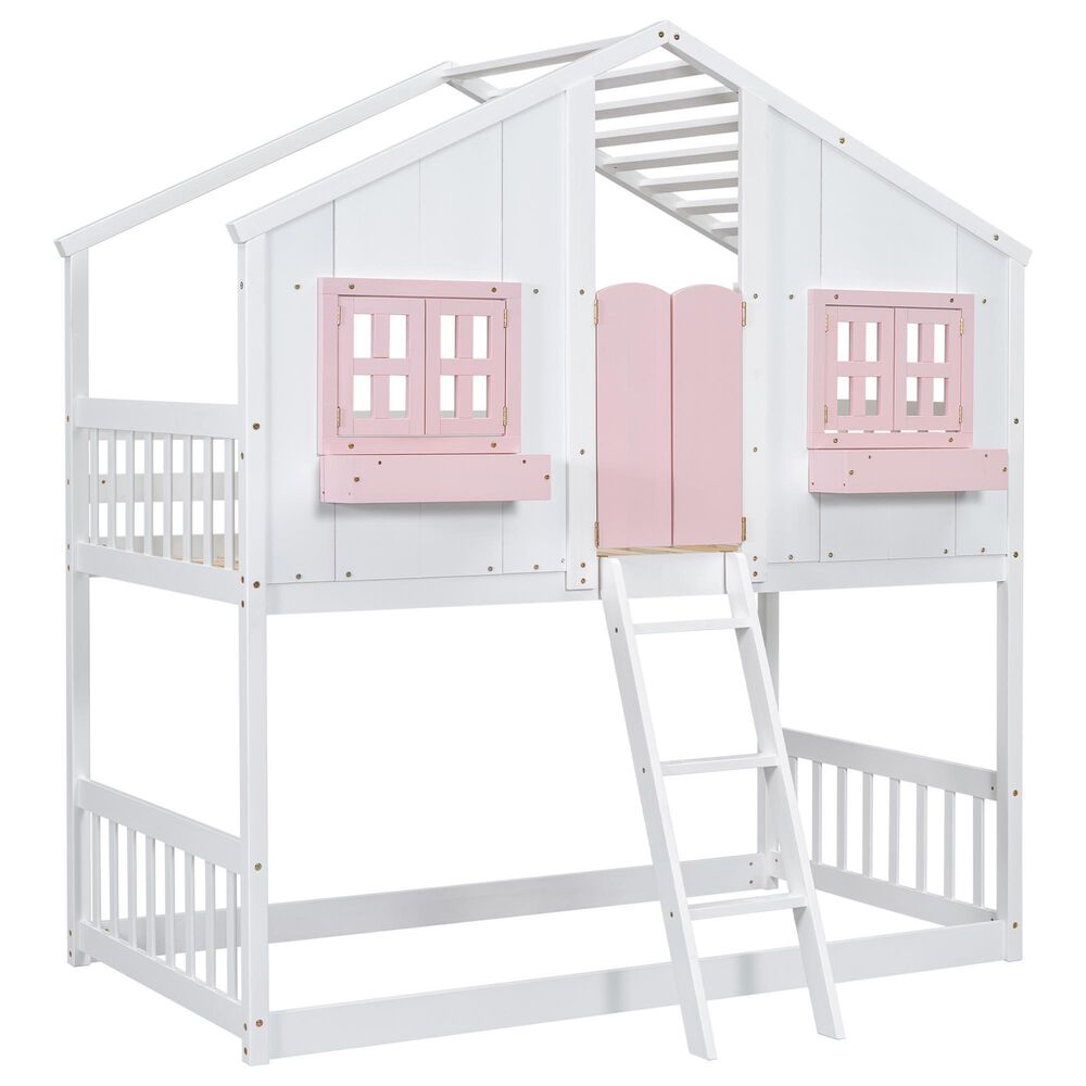Hearth and Haven Twin over Twin House Bunk Bed with Roof in Pink and White, , large