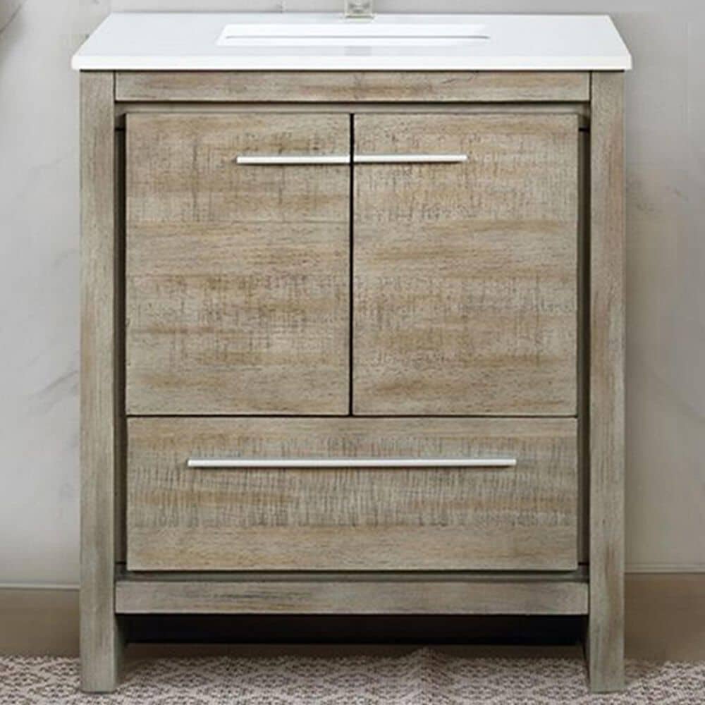 Lexora Home Lafarre 30&quot; Single Bathroom Vanity in Rustic Acacia with 2 cm White Cultured Marble Top and Rectangular Sink, , large
