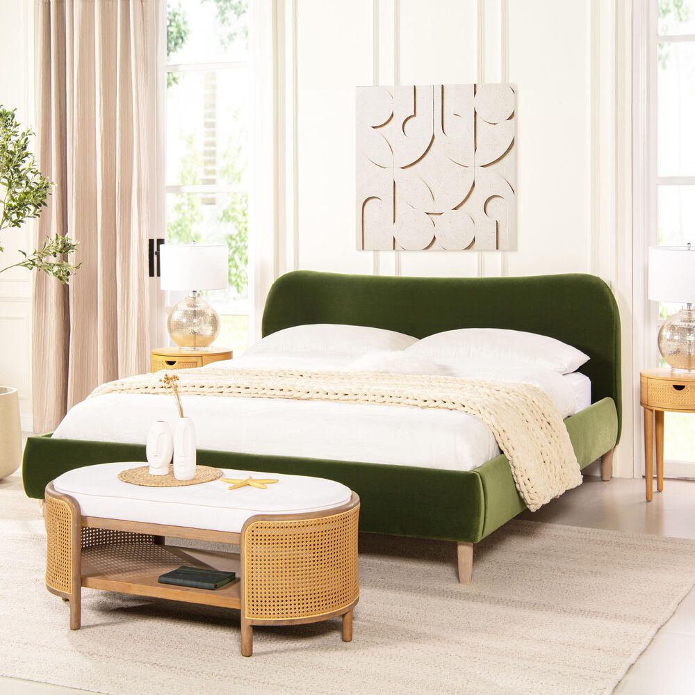 Jennifer Taylor Home Roman Queen Platform Bed with Olive Green Upholstered in Natural Whitewashed, , large