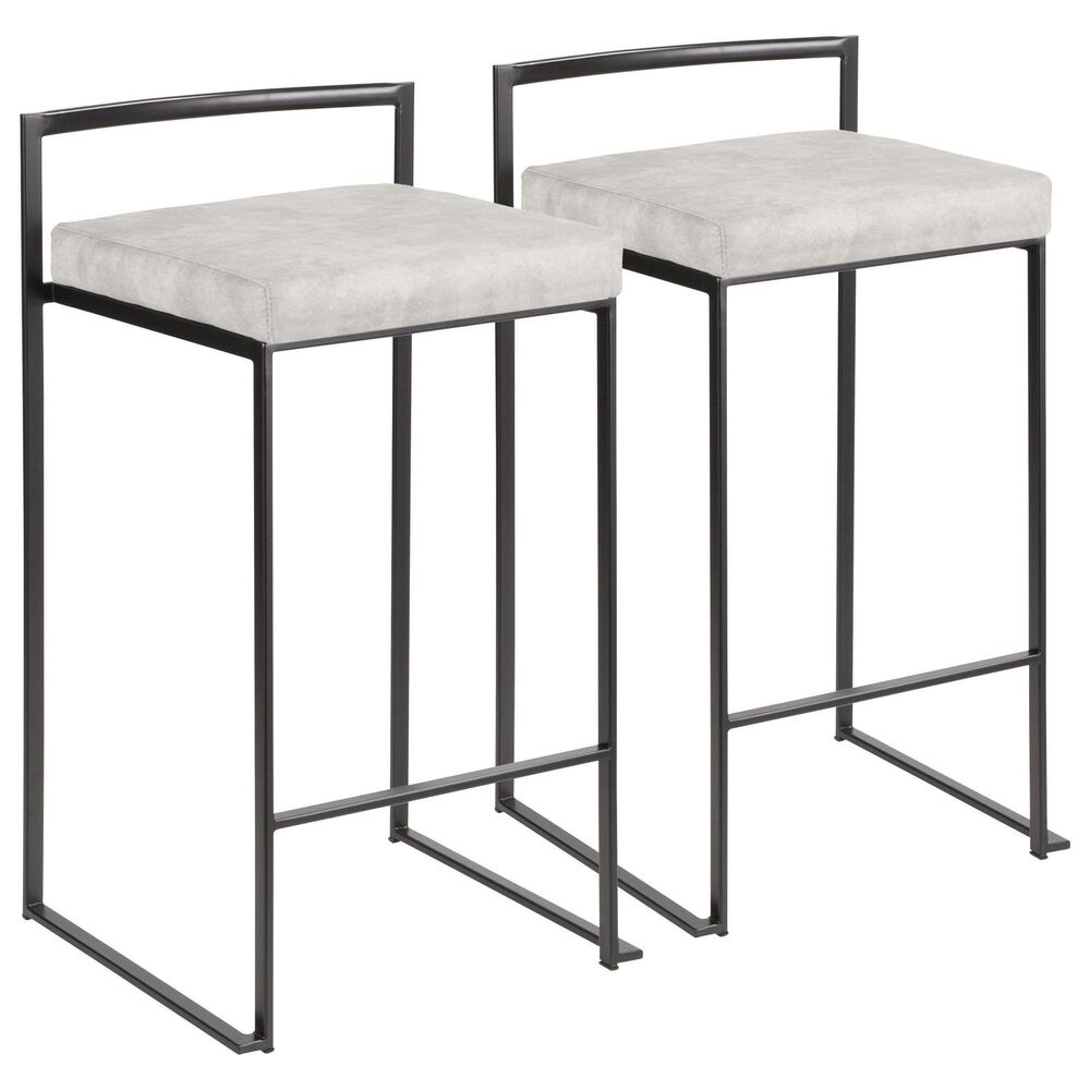 LumiSource Fuji 26" Stacker Counter Stool with Light Grey Cowboy Upholstery in Black (Set of 2), , large