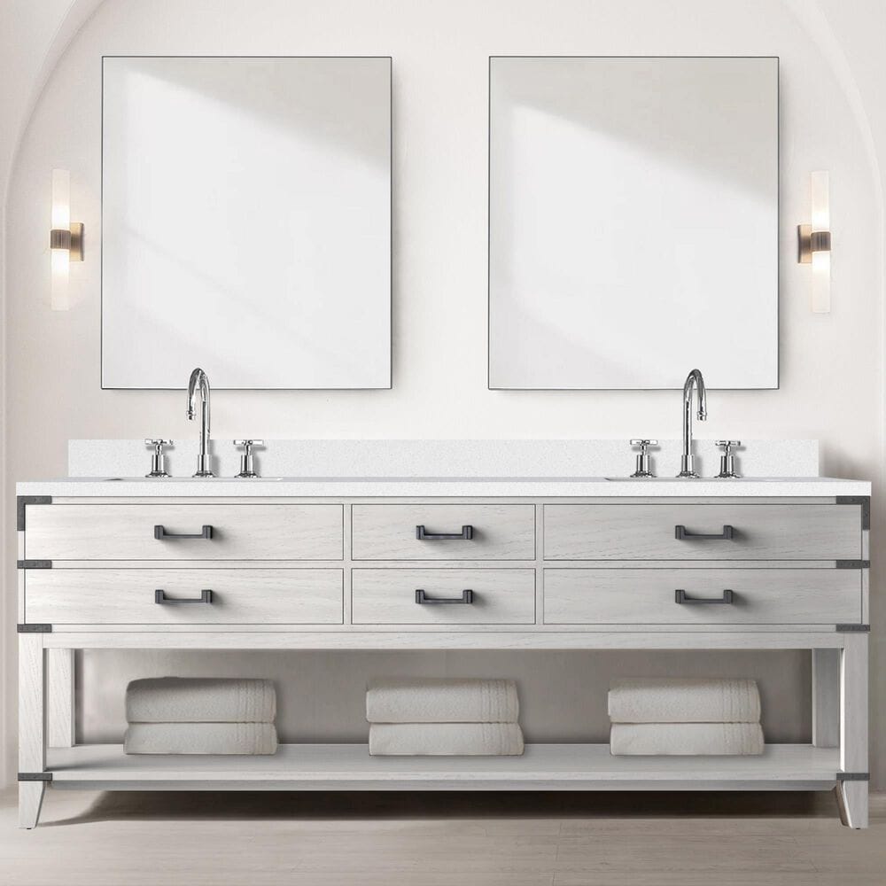 Lexora Home Norwalk 84&quot; Double Bathroom Vanity in White Oak with White Cultured Marble Top and Rectangular Sinks, , large