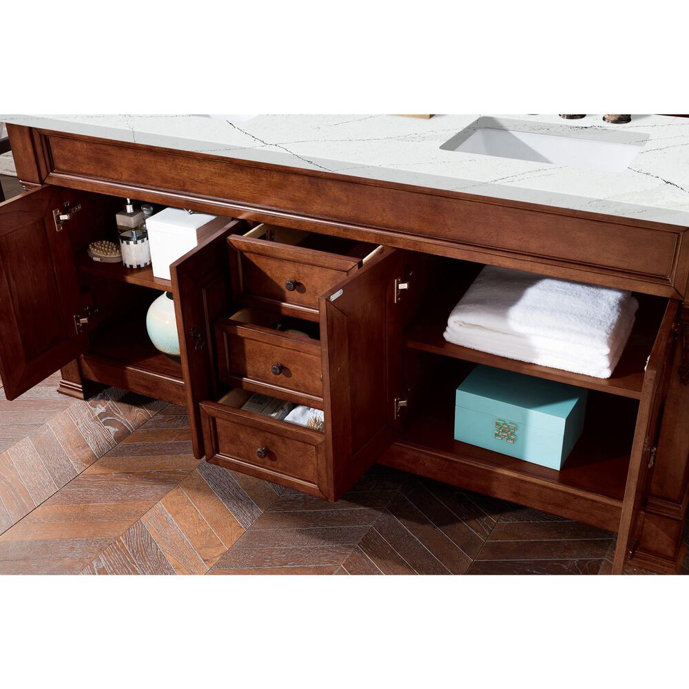 James Martin Vanities Brookfield 72&quot; Double Bathroom Vanity in Warm Cherry with 3 cm Ethereal Noctis Quartz Top and Rectangle Sinks, , large