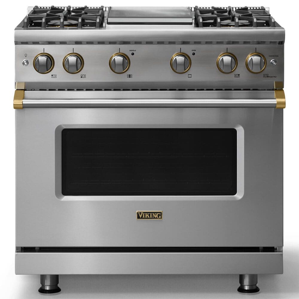 Viking Range 36" Freestanding Sealed Burner Gas Range with Brushed Brass Accents in Stainless Steel, , large