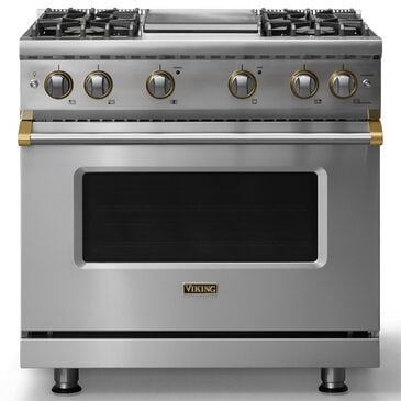 Viking Range 36" Freestanding Sealed Burner Gas Range with Brushed Brass Accents in Stainless Steel, , large