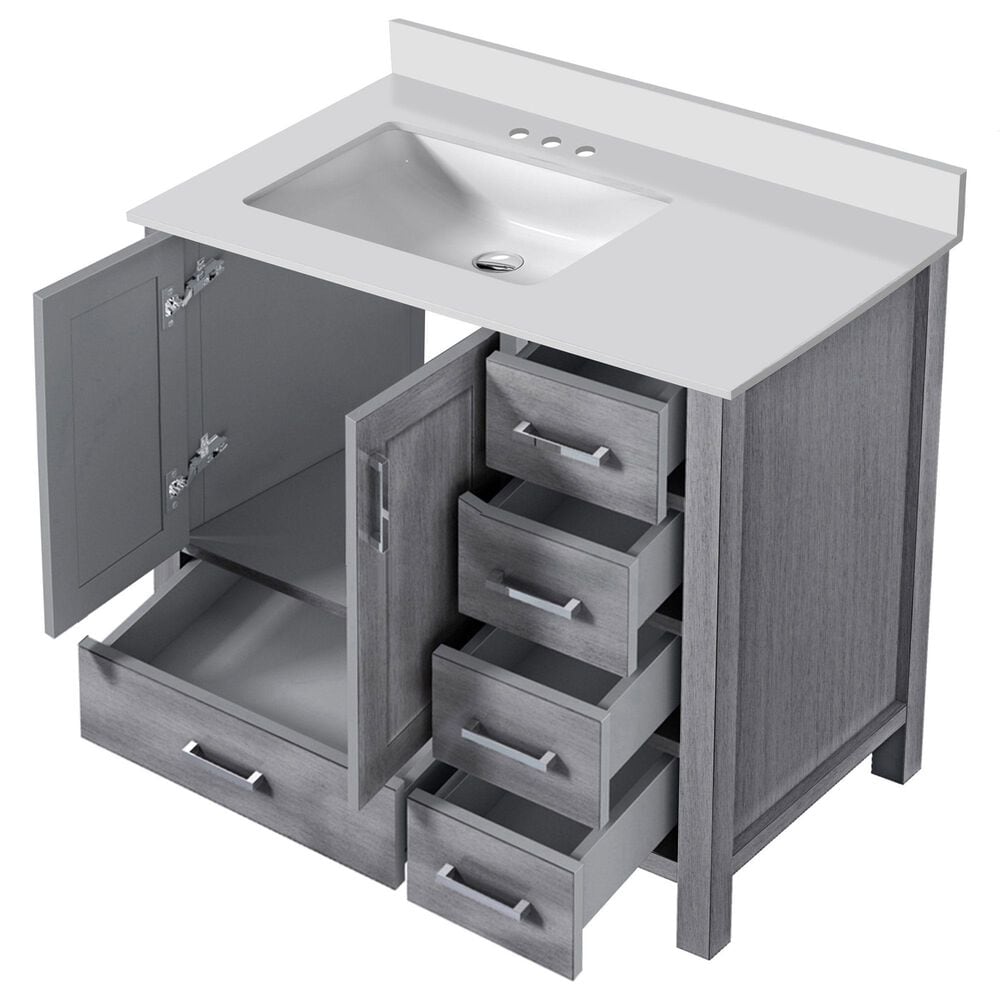 Lexora Home Jacques 36&quot; Left Offset Single Bathroom Vanity in Distressed Grey with 2 cm White Cultured Marble Top and Rectangular Sink, , large