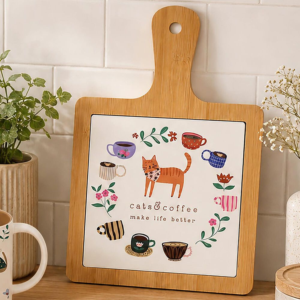 Pavilion 7.5" Cats and Coffee Tile Trivet in White, , large