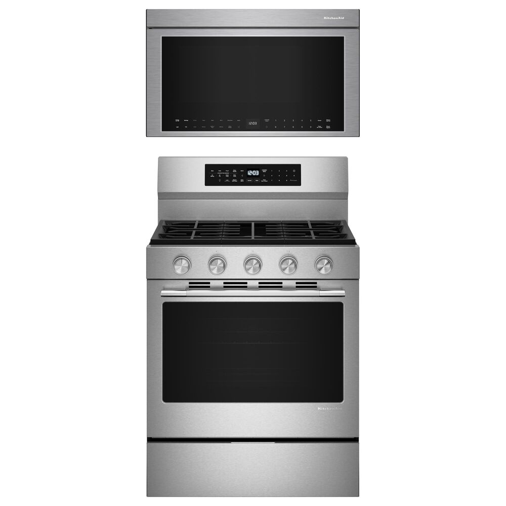 KitchenAid 2-Piece Kitchen Package with 30" Smart Freestanding Gas Range and 30" Over-the-Range Microwave Oven in PrintShield Stainless Steel, , large