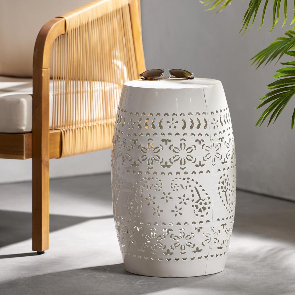 Hearth and Haven Ruby Outdoor Barrel End Table with Lace-Cut Design in White, , large