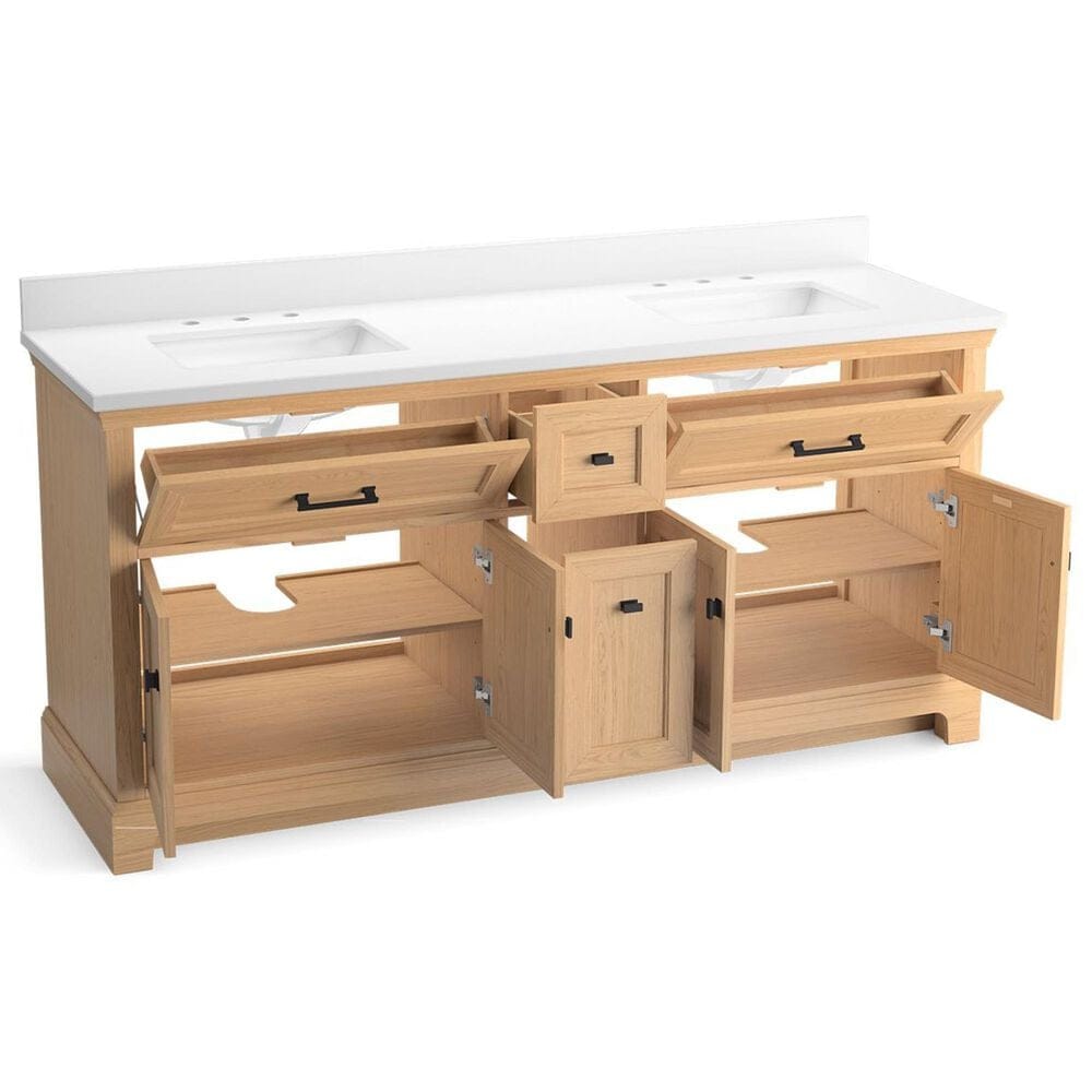 Kohler Charlemont 72&quot; Double Bathroom Vanity in Light Oak with 3 cm White Quartz Top and Rectangular Sinks, , large