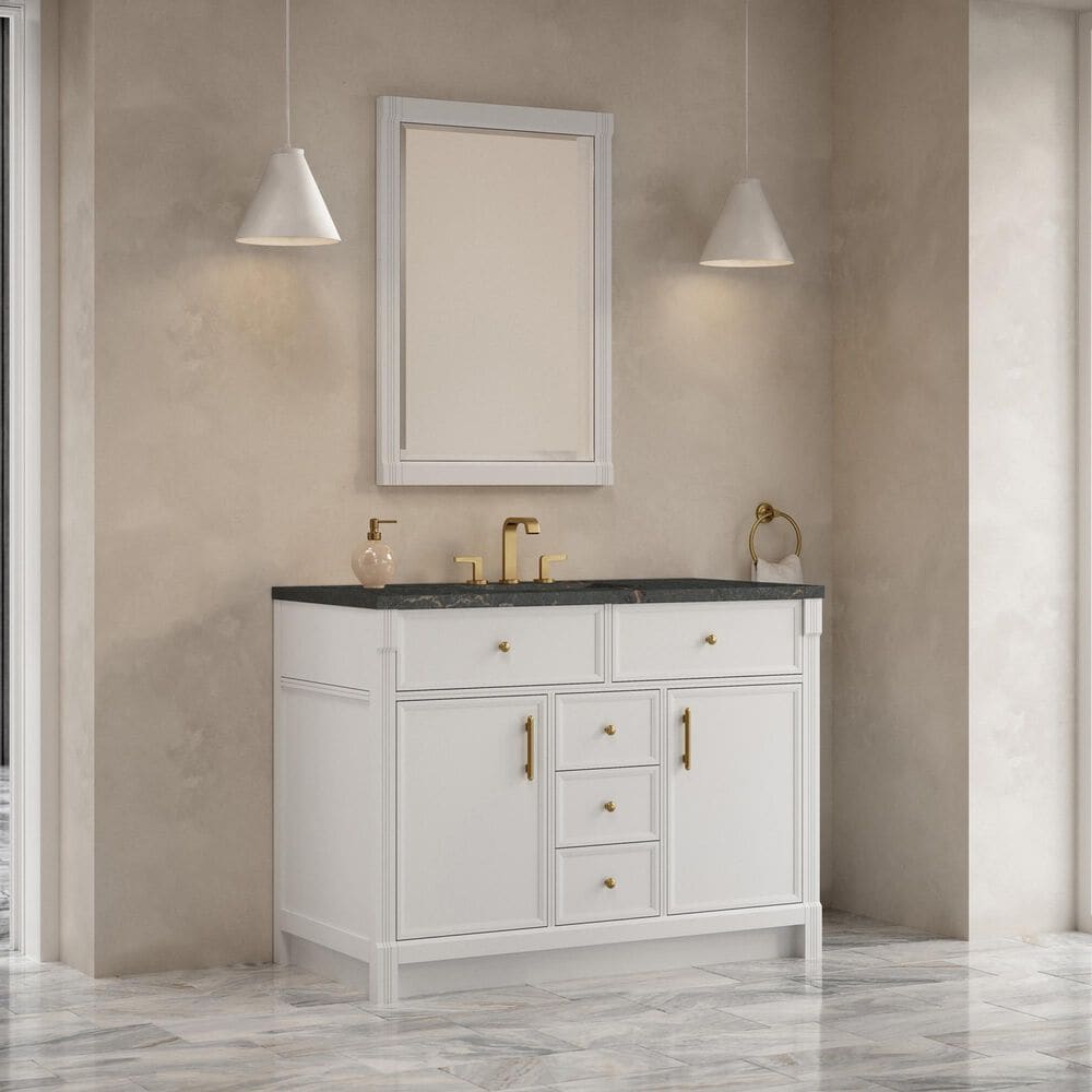 James Martin Bellshire 48" Single Bathroom Vanity in Bright White with 3 cm Parisien Bleu Silestone Top and Rectangular Sink, , large