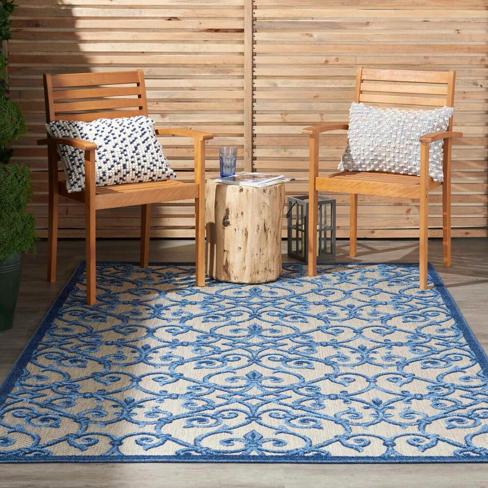 Nourison Aloha Damask 5&#39;3&quot; x 7&#39;5&quot; Grey and Blue Indoor/Outdoor Area Rug, , large