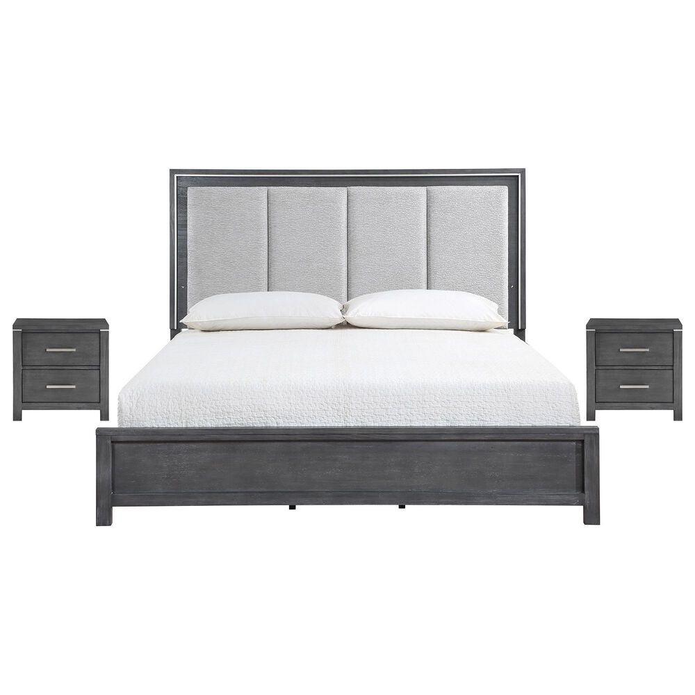 New Heritage Design Odessa Queen Upholstered Bed with Two Nightstands in Charcoal and Silver, , large