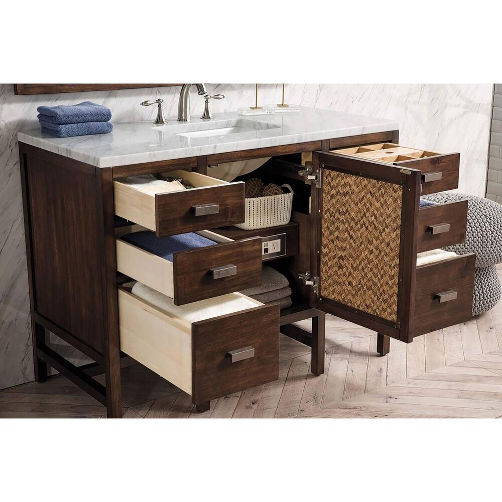 James Martin Vanities Addison 48" Single Vanity in Mid Century Acacia with 3 cm Carrara White Marble Top, , large