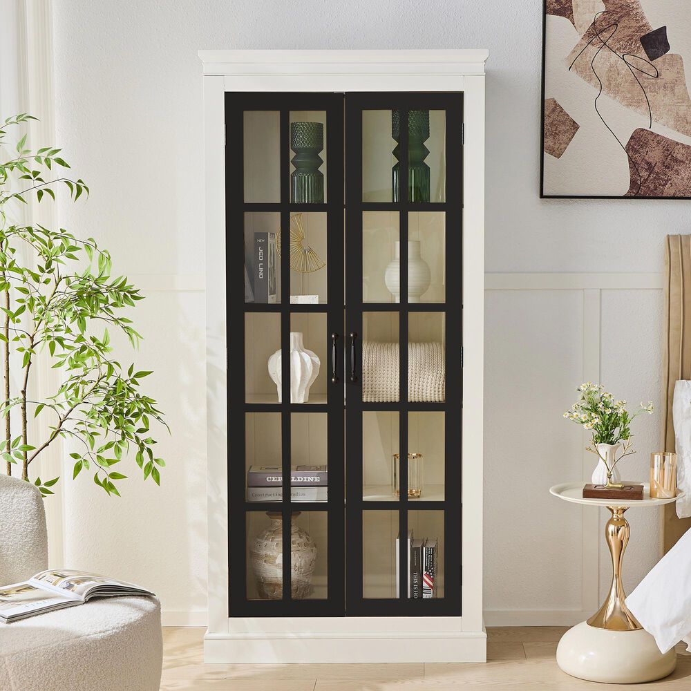 Hearth and Haven 71.2'' Freestanding Glass Door Pantry with Adjustable Shelves in White and Black, , large