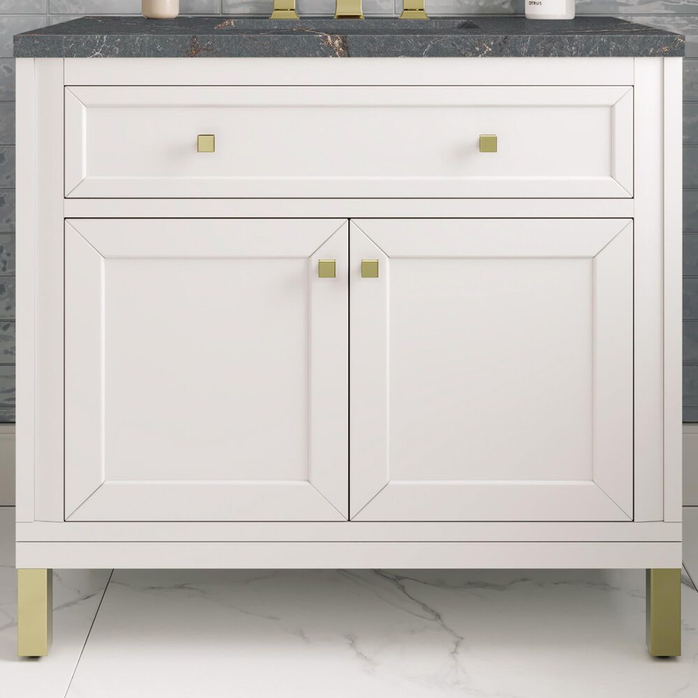 James Martin Vanities Chicago 36&quot; Single Bathroom Vanity in Glossy White with 3 cm Parisien Bleu Quartz Top and Rectangular Sink, , large