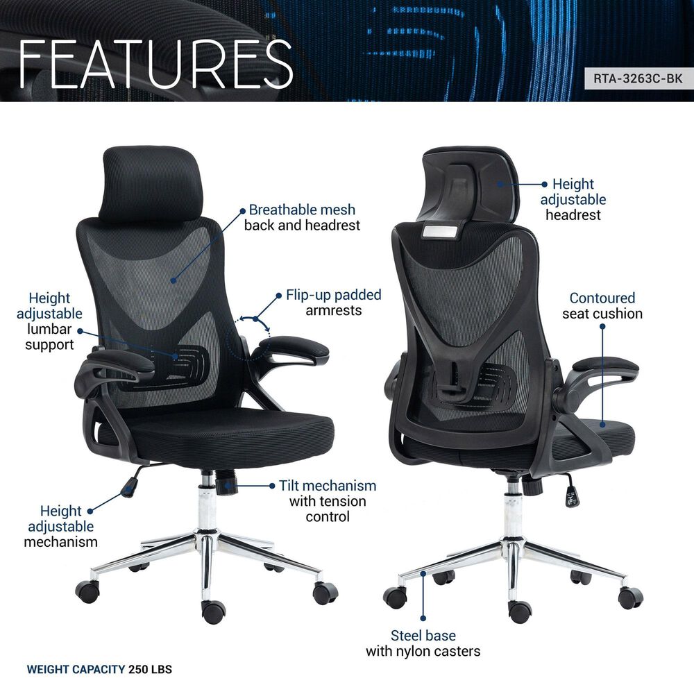 Rta Products Llc Essential Ergonomic Office Chair with Headrest and Lumbar Support in Black, , large