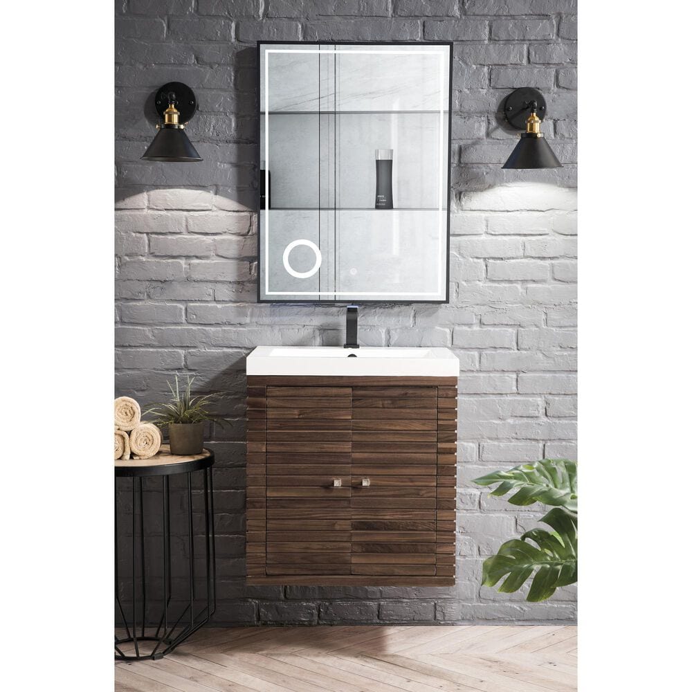 James Martin Vanities Linden 24&quot; Single Bathroom Vanity in Mid Century Walnut with 5 cm White Glossy Resin Top and Rectangular Sink, , large