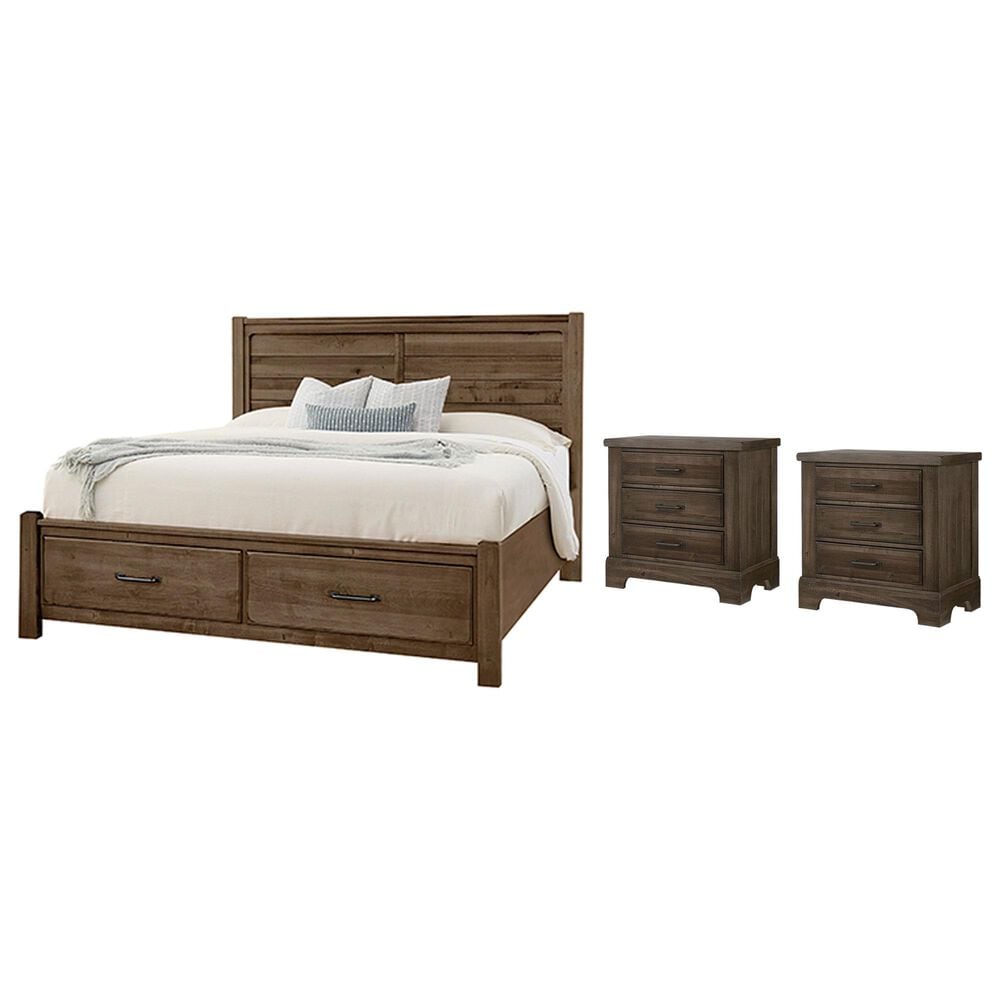 Viceray Collections Cool Rustic Queen Storage Plank Bed with Two Nightstands in Mink, , large