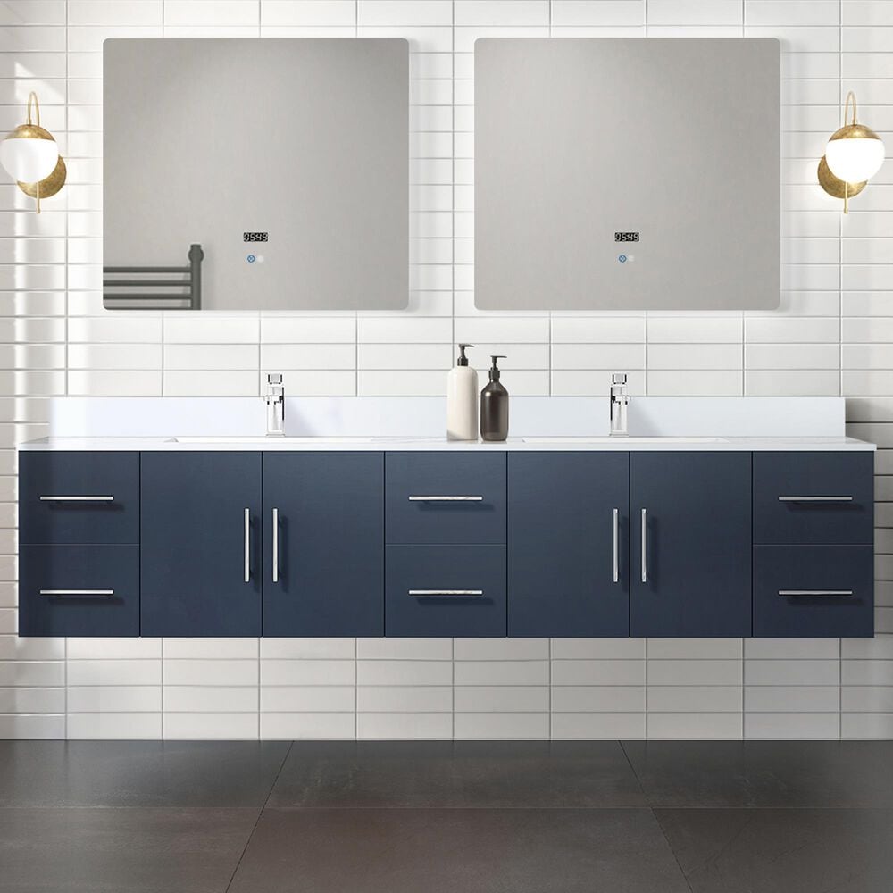 Lexora Home Geneva 84&quot; Double Bathroom Vanity in Navy Blue with 2 cm White Cultured Marble Top and Rectangular Sinks, , large