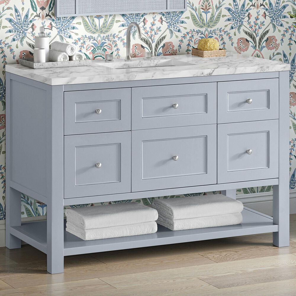 James Martin Vanities Breckenridge 48&quot; Single Bathroom Vanity in Serenity Blue with 3 cm Carrara White Marble Top and Rectangular Sink, , large