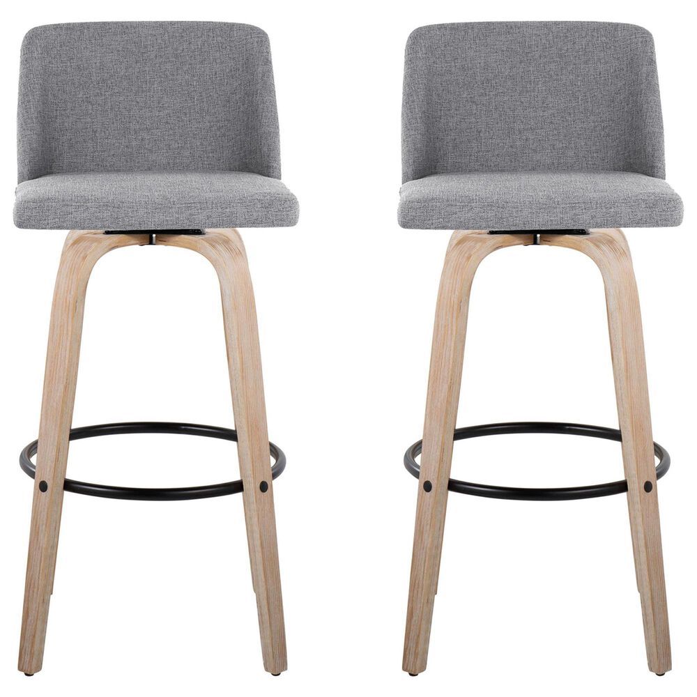 LumiSource Toriano Swivel Bar Stool with Grey Fabric Upholstery in Whitewashed and Black (Set of 2), , large