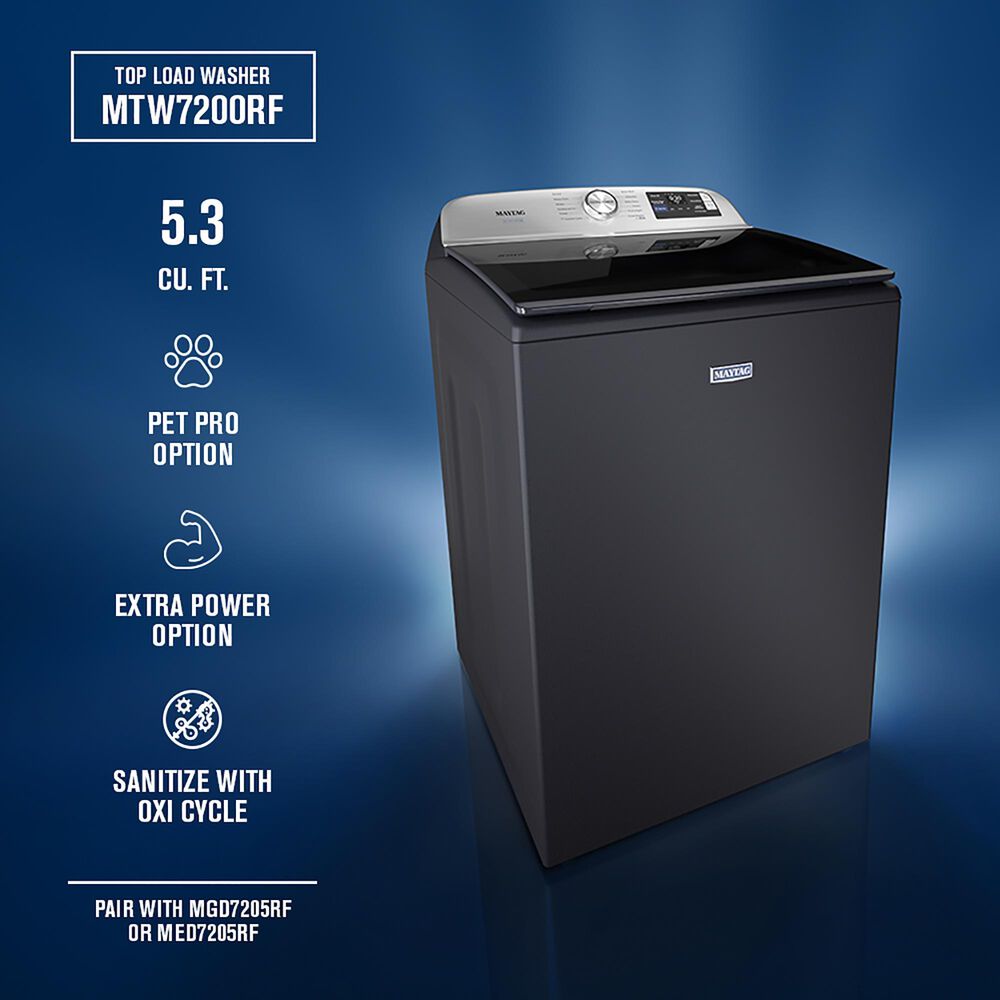 Maytag 5.3 Cu. Ft. Smart Pet Pro Top Load Impeller Washer and 7.4 Cu. Ft. Electric Smart Top Load Dryer Laundry Pair in Midnight Steel, , large