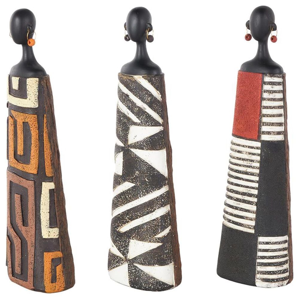 Maple and Jade African Woman Decorative Sculpture with Red, Orange, and White Dresswear in  Black Set of 3, , large