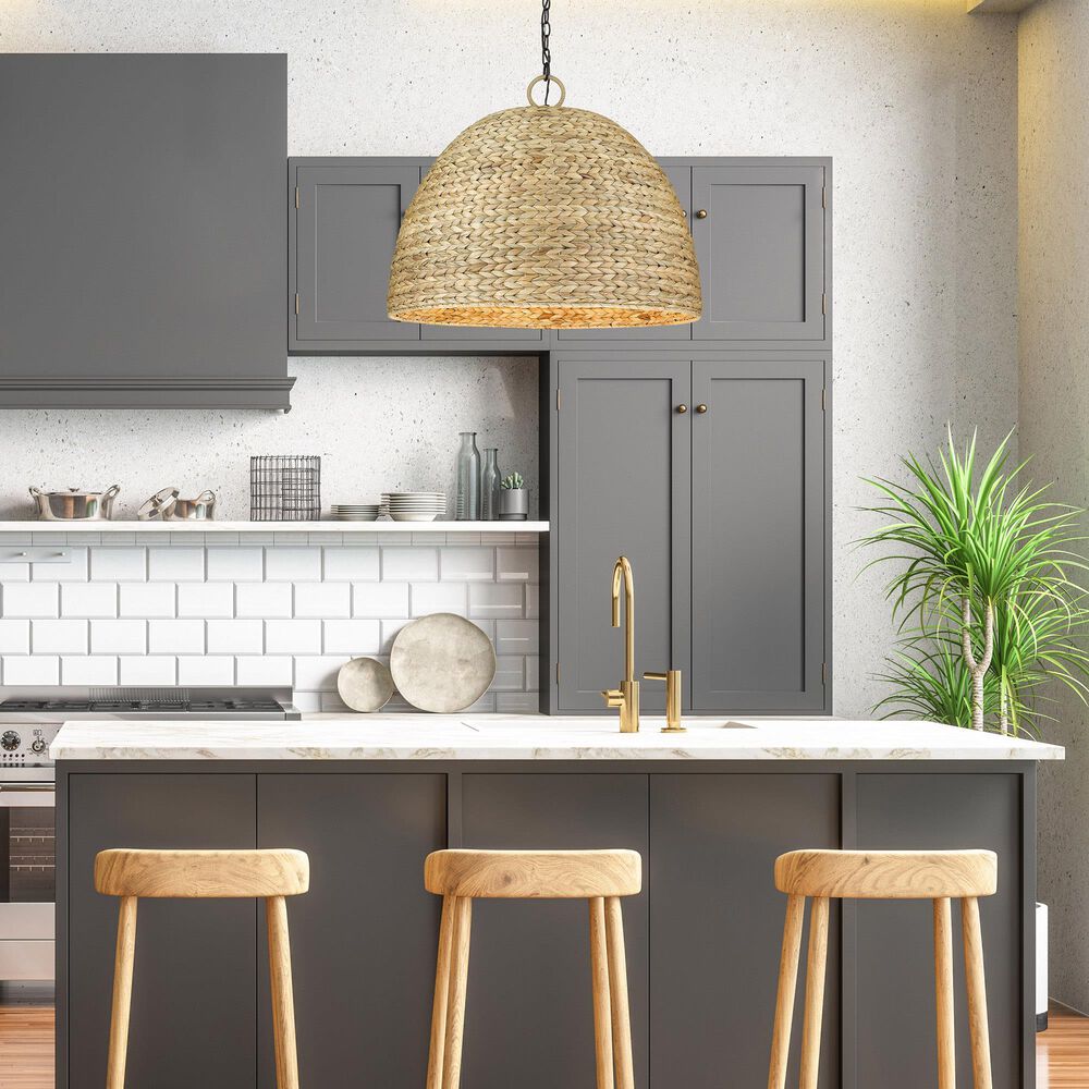 Golden Lighting Rue 8-Light Pendant in Matte Black with Woven Sweet Grass Shade, , large