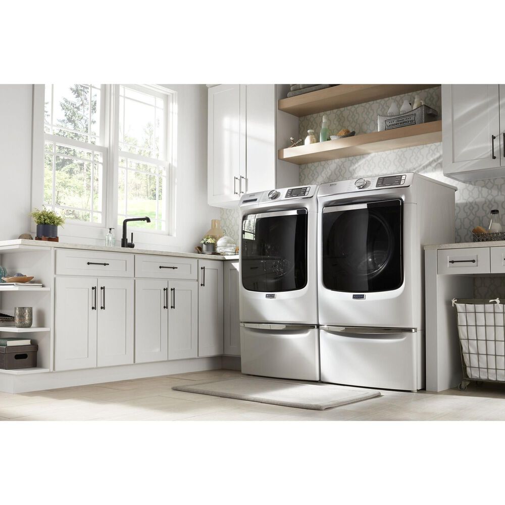 Maytag 5 Cu. Ft. Front Load Washer and 7.3 Cu. Ft. Gas Dryer Laundry Pair with Pedestal in White, , large