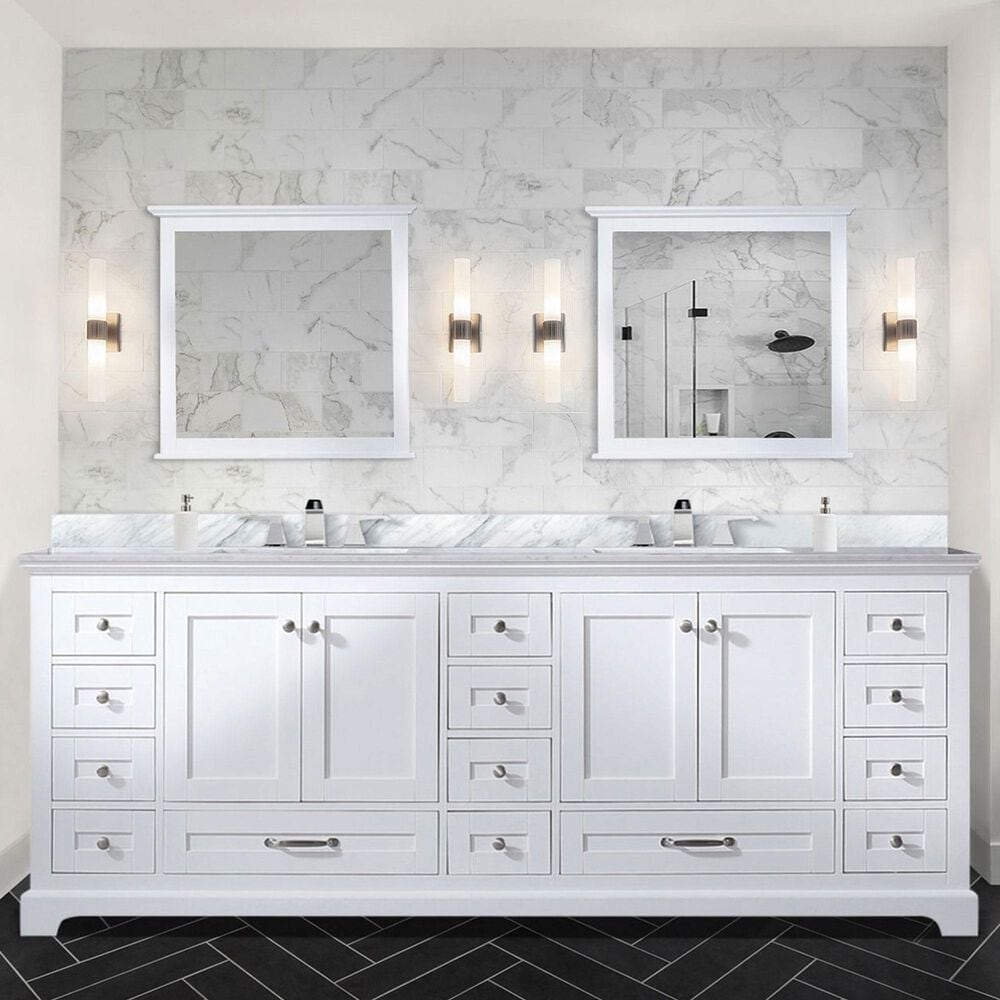 Lexora Home Dukes 84&quot; Double Bathroom Vanity in White with 2 cm White Carrara Marble Top and Rectangular Sinks, , large