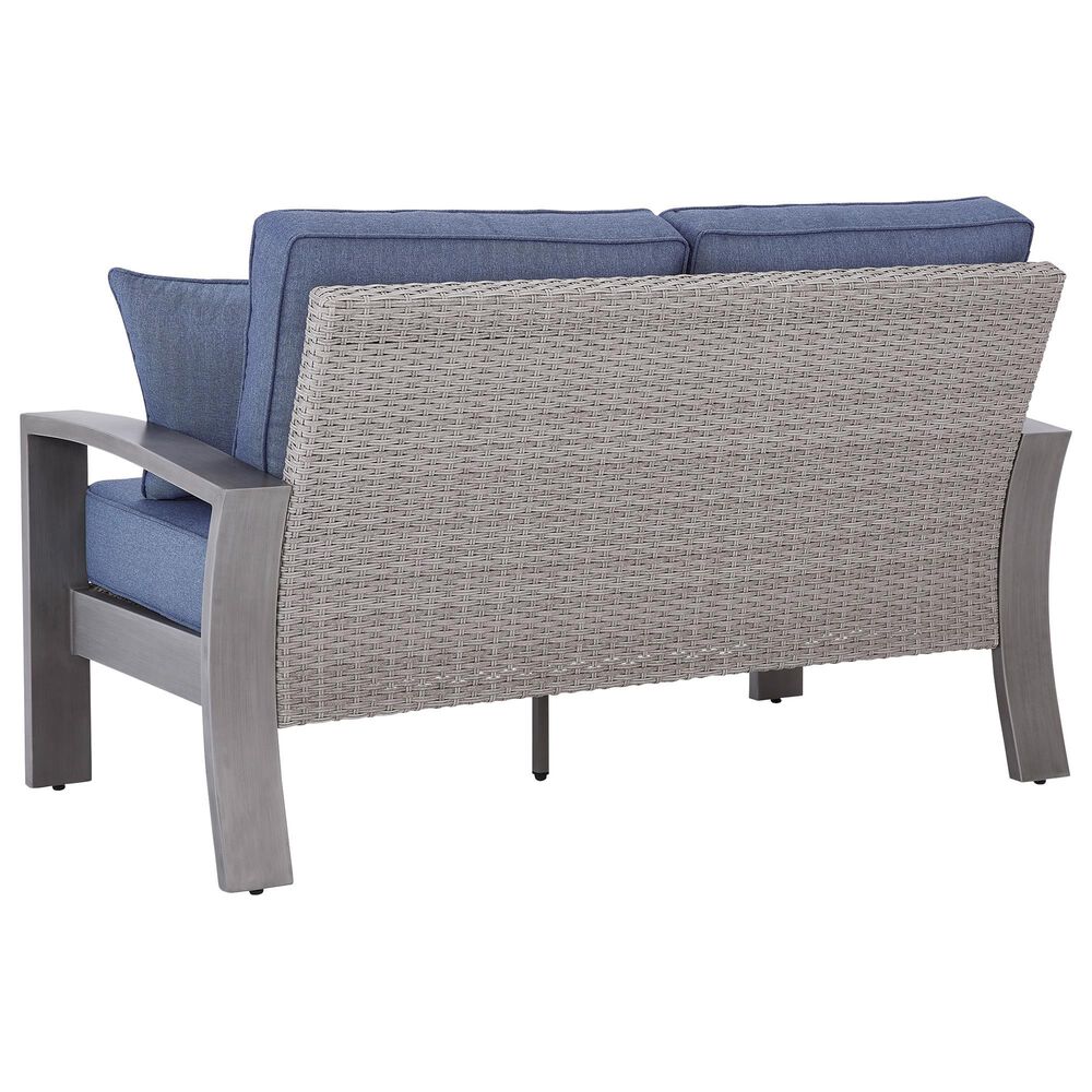 Ashley Half Moon Beach Stationary Loveseat with Blue Cushions in Gray, , large
