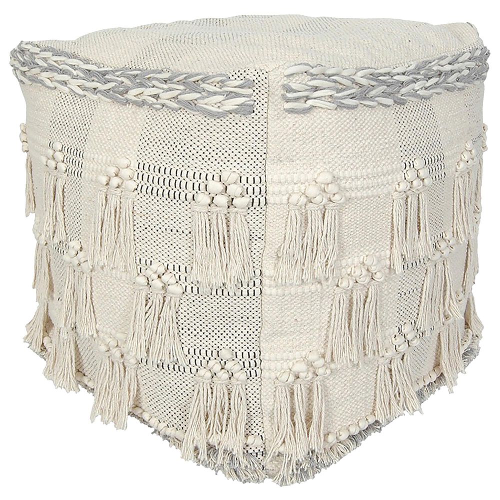 India House 18" x 18" Square Fringe Pouf in Grey, , large