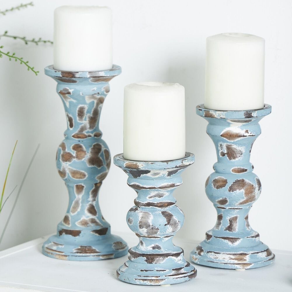 Maple and Jade Candle Holder in Light Blue Distressed and Brown &#40;Set of 3&#41;, , large